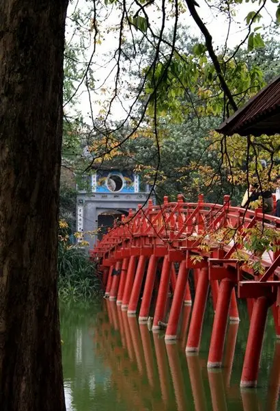 The Huc bridge over Hoan Kiem lake
