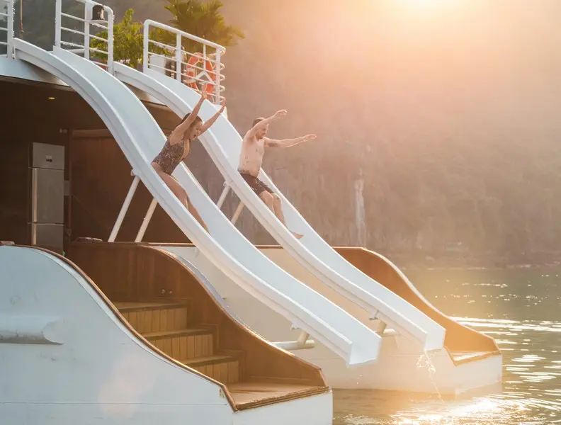 Halong Bay Day Cruise Price & Tour options 13 Swimming in Ha Long Bay.