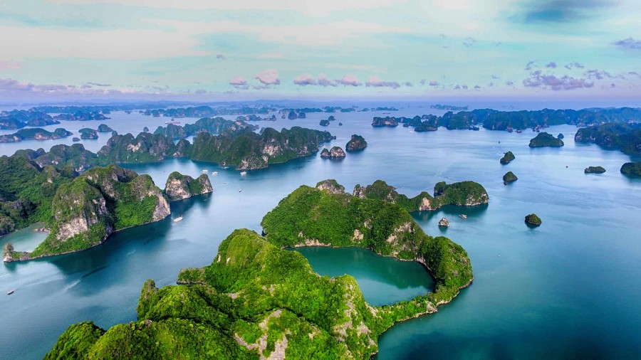 The limestone islands in Ha Long Bay.